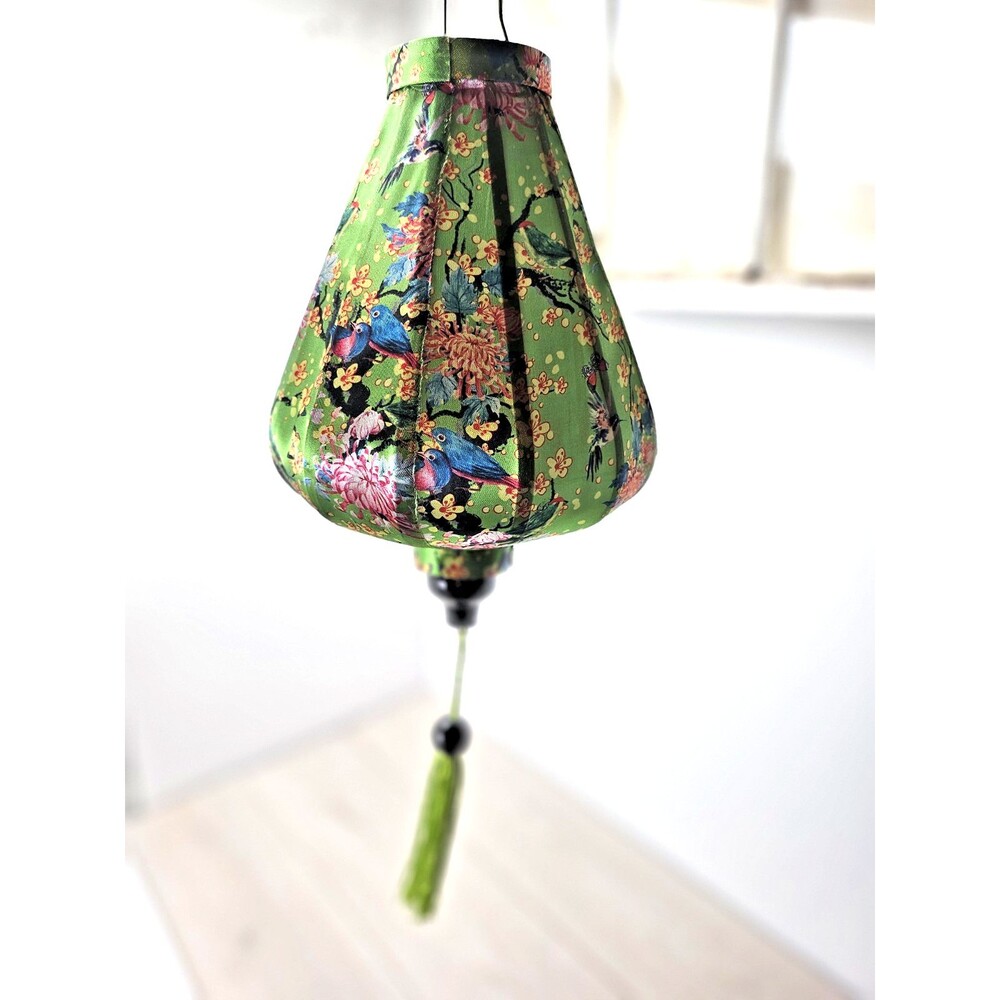 Chinese Lantern Asian Oriental Lime Green Satin w Birds Decor